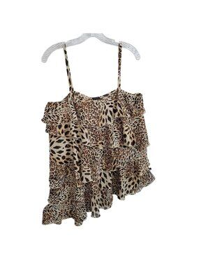 Fubu Collection Womens Size L Top Cami Tiered Ruffle Chiffon Tank Animal Print
